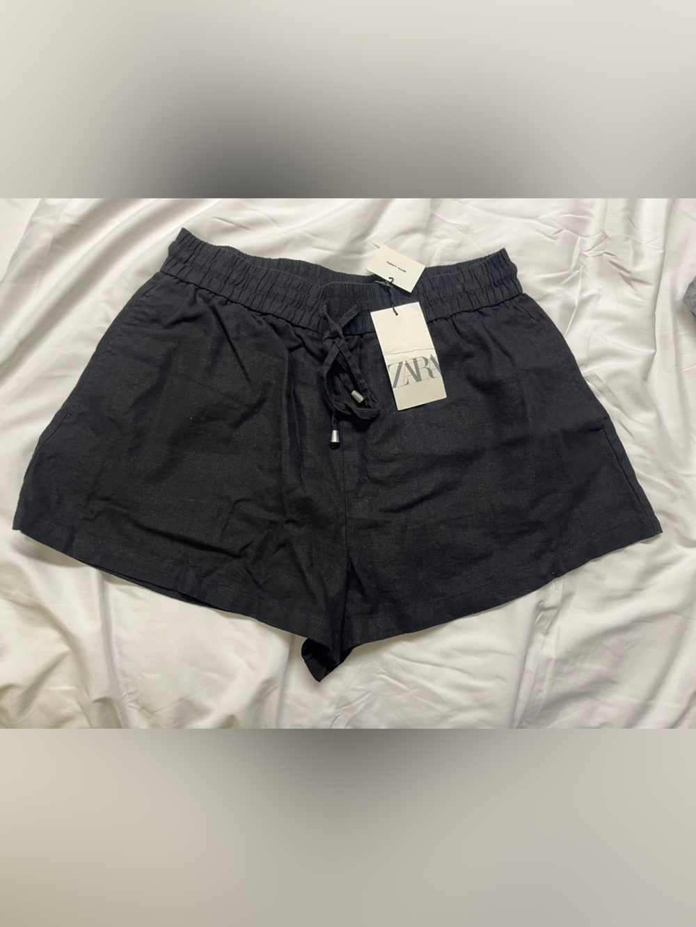 Zara Black High-Waist Drawstring Linen-Blend Shorts size L NWT
